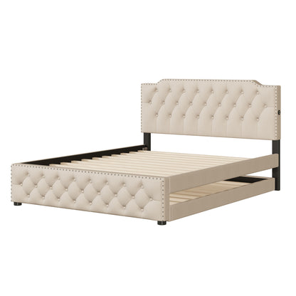 Upholstered Platform Bed With Twin Size Trundle And 2 Sets Of USB Ports On Each Side, Linen Fabric