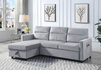 Ruby - Velvet Reversible Sleeper Sectional Sofa With Storage Chaise And Side Pocket - Light Gray