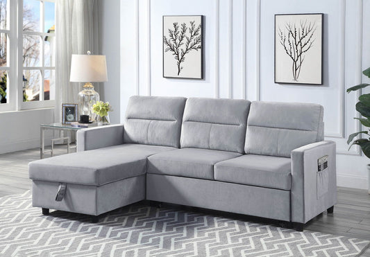 Ruby - Velvet Reversible Sleeper Sectional Sofa With Storage Chaise And Side Pocket - Light Gray