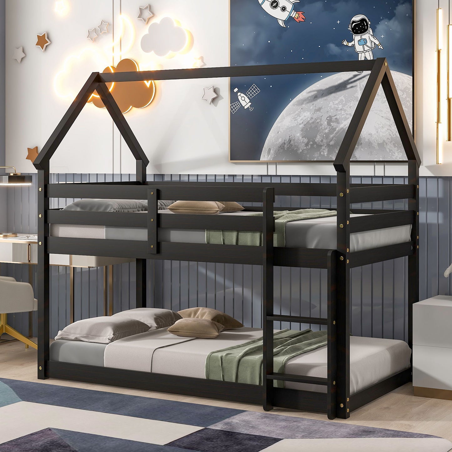 Twin Over Twin Loft Bed With Roof Design, Safety Guardrail, Ladder