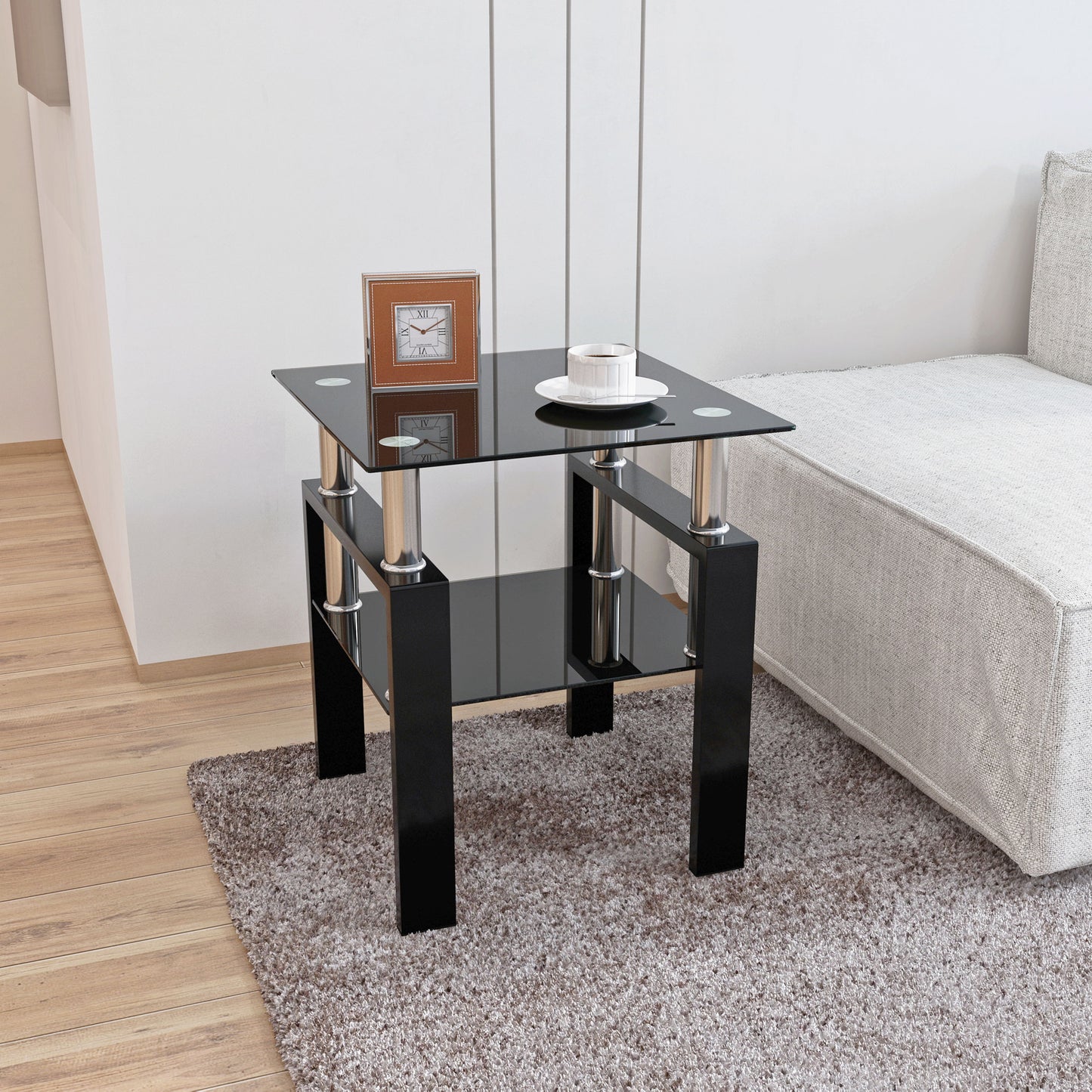 Modern Tempered Glass Tea Table, End Square Table For Living Room - Black