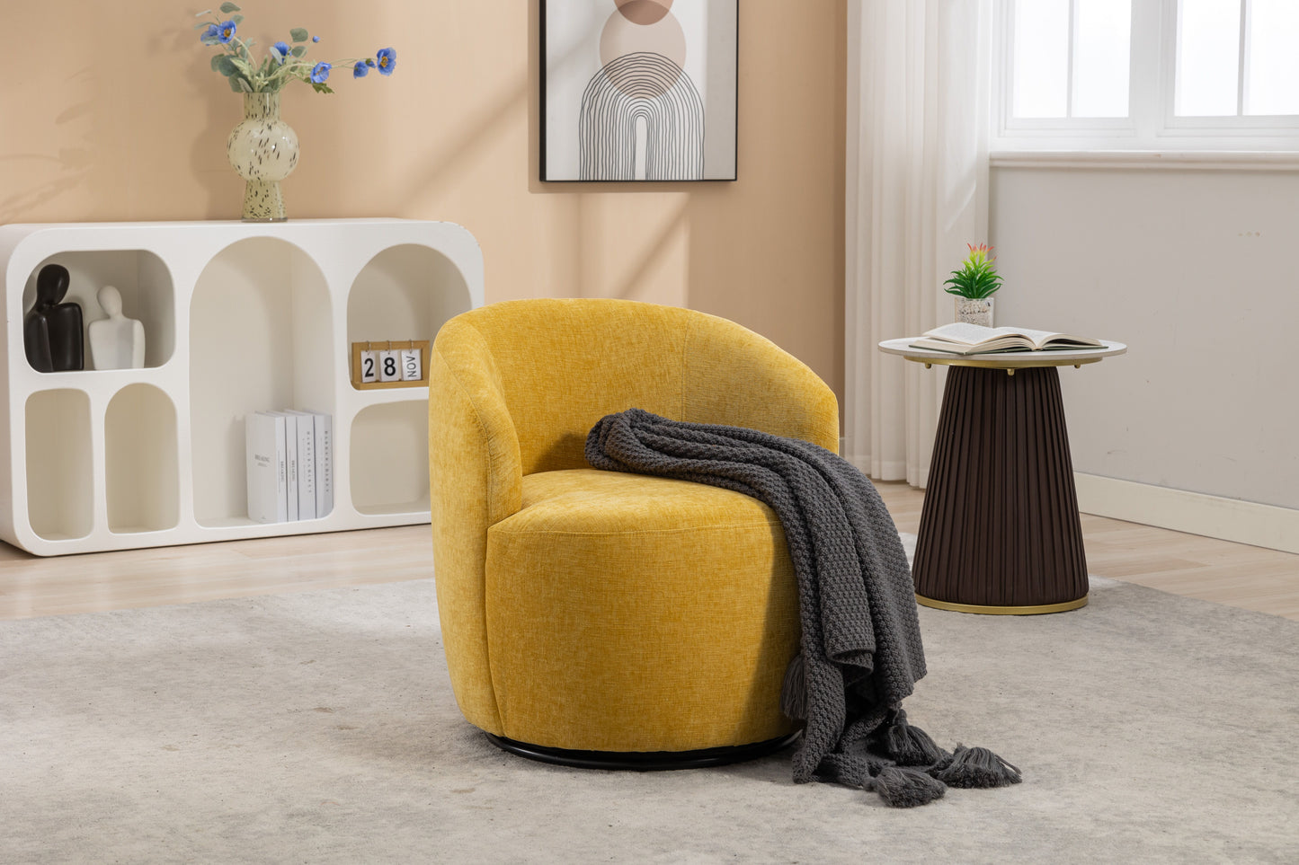 Chenille Fabric Swivel Accent Armchair Barrel Chair With Powder Coating Metal Ring