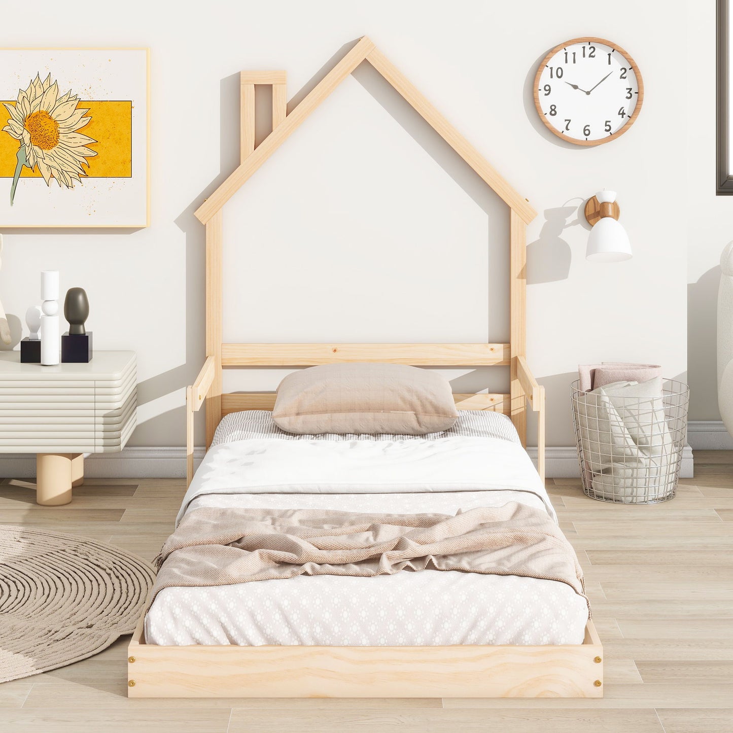 Twin House-Shaped Headboard Floor Bed With Handrails, Slats