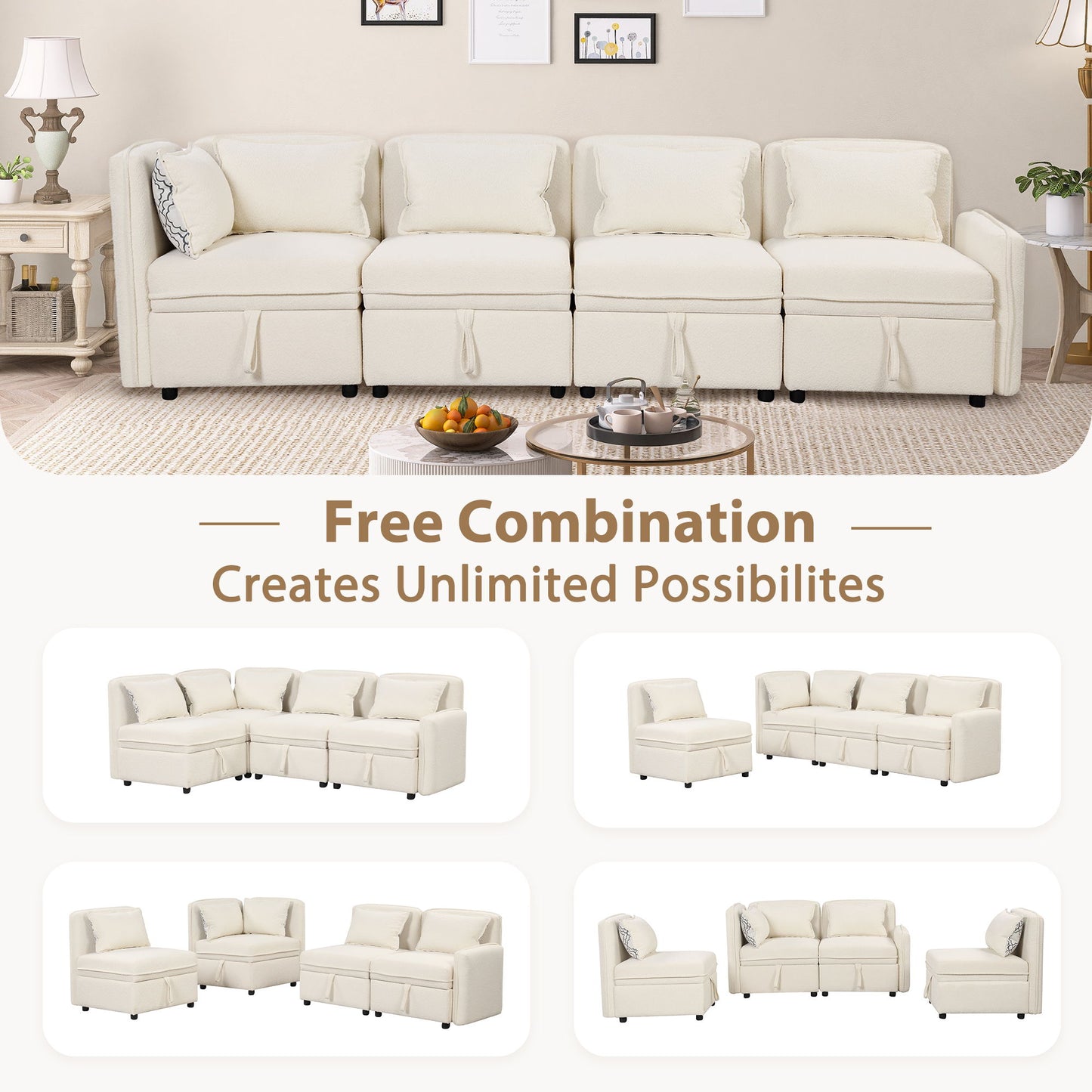 Convertible Modular Minimalist Sofa Free Combination 4 Seater Sofa Chenille Sectional Sofa With 5 Pillows For Living Room, Office, Apartment, Small Space