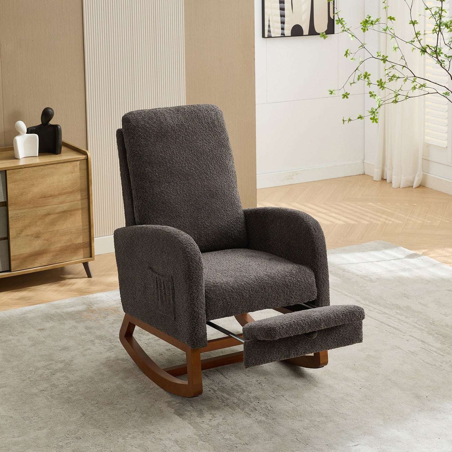 Rocking Chair For Nursery, High Back Glider Chair With Retractable Footrest, Side Pocket, Rocking Accent Armchair With Rubber Wood Legs For Living Room / Bedroom