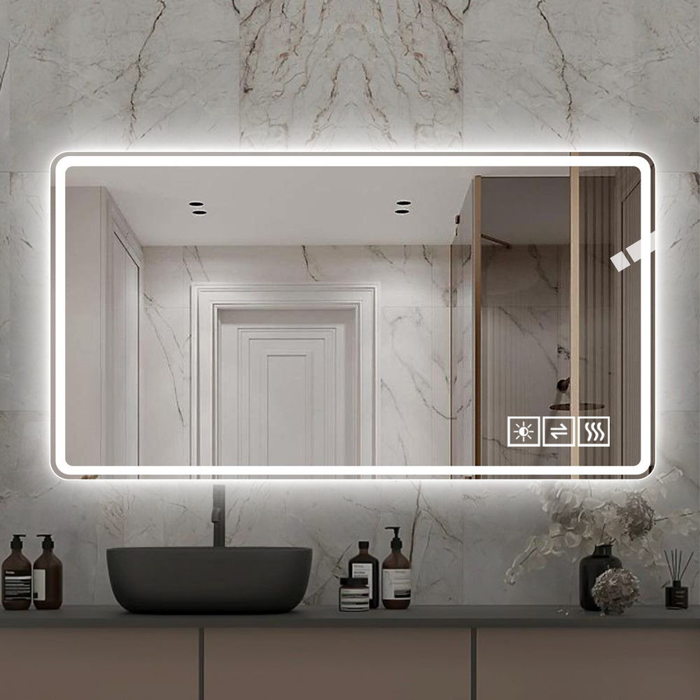 48" Bathroom Mirror With LED Lights Front And Backlit, Anti-Fog Lighted Vanity Mirrors For Wall Mounted And 5 Level Dimmable, Horizontal / Vertical - Clear