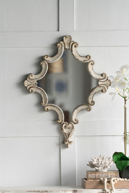 Artistic Diamond Scrollwork Mirror, Home Accent Mirror For Living Room, Entryway - Antique White