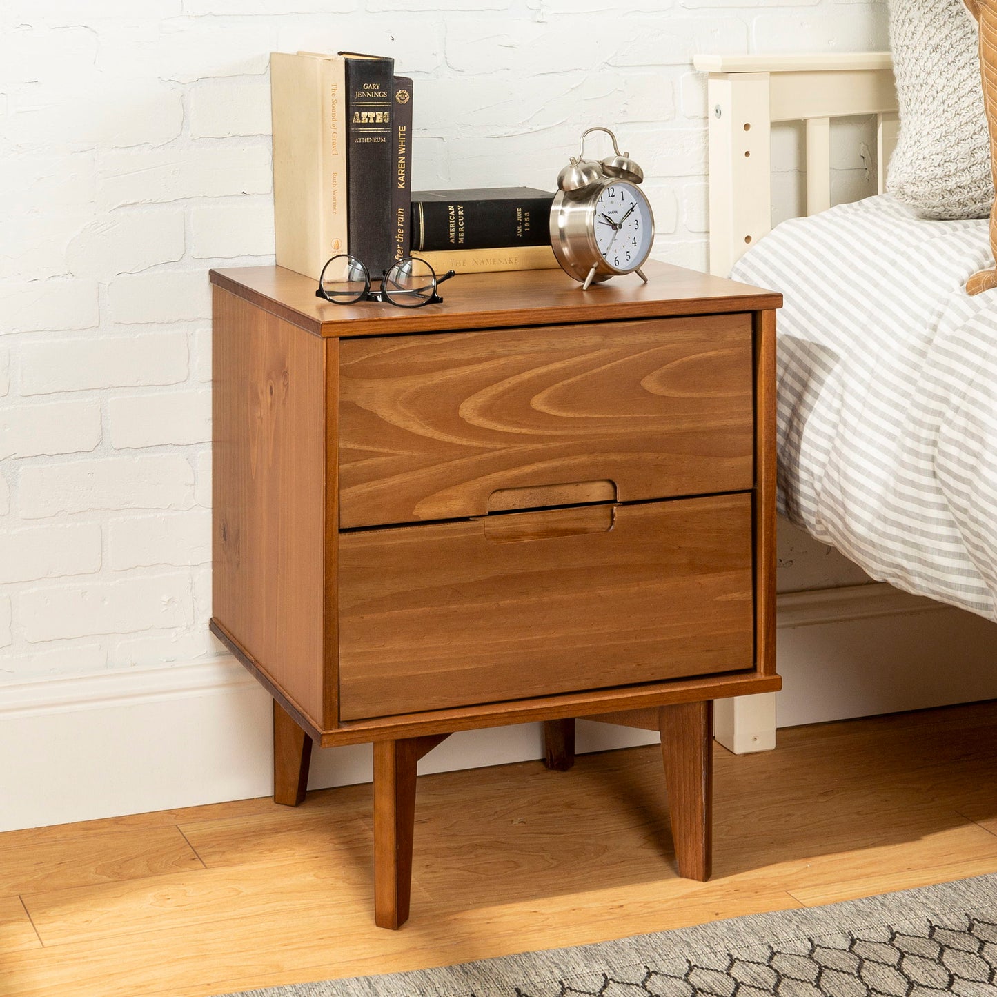 Mid-Century Modern 2 Drawer Solid Wood Nighstand With Cutout Handles