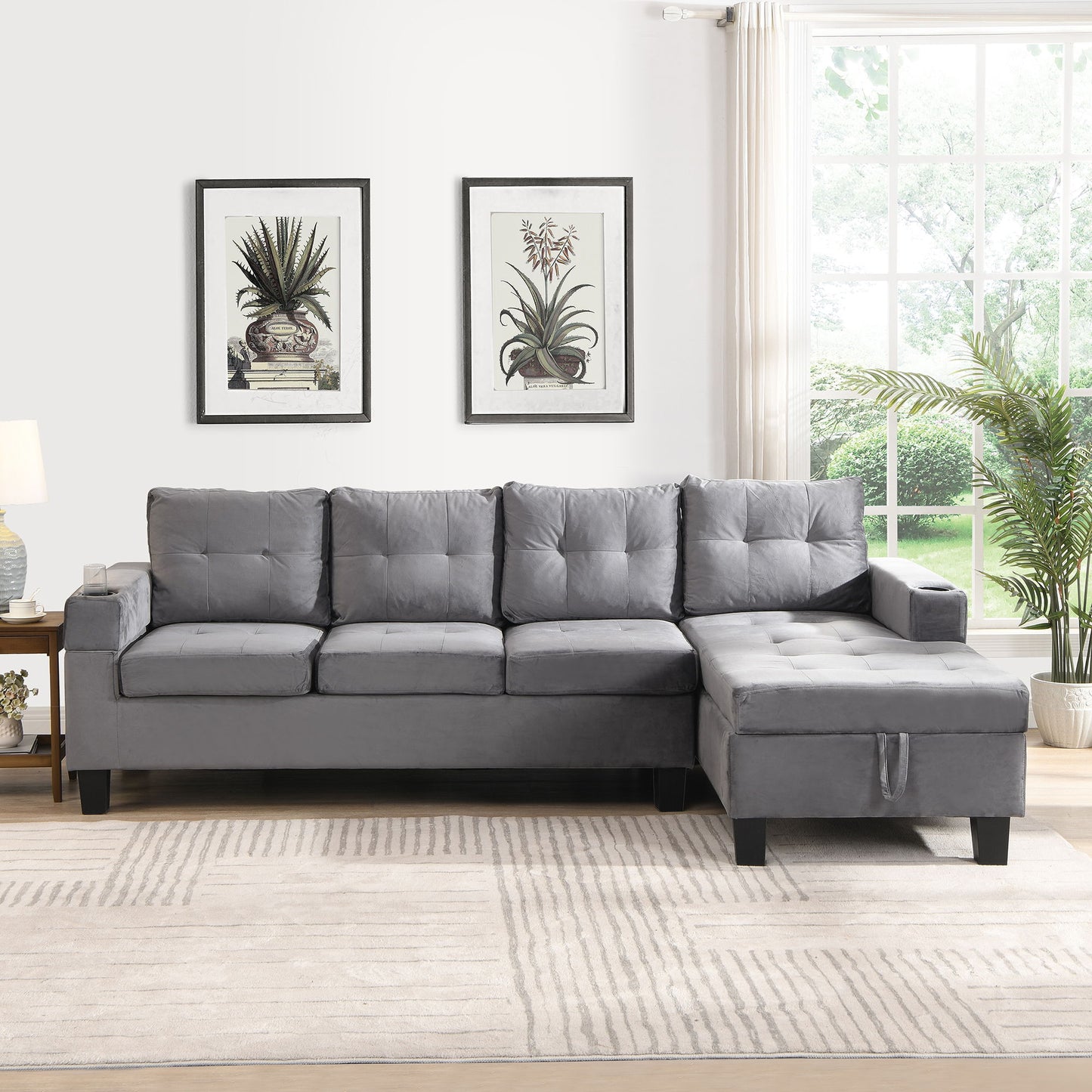 Modern 4 Seat Sectional Sofa With L Shape Right Lounge Storage Chaise, Cup Holder - Gray