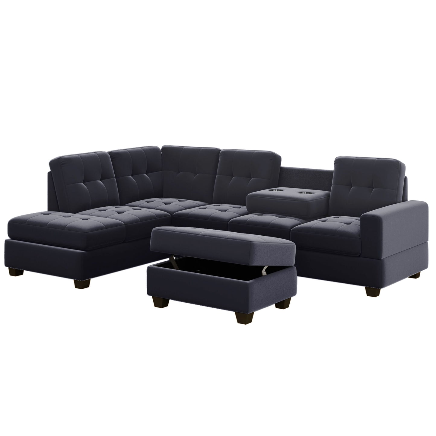 Modern Sectional Sofa With Reversible Chaise, L Shaped Couch Set With Storage Ottoman And Two Cup Holders For Living Room