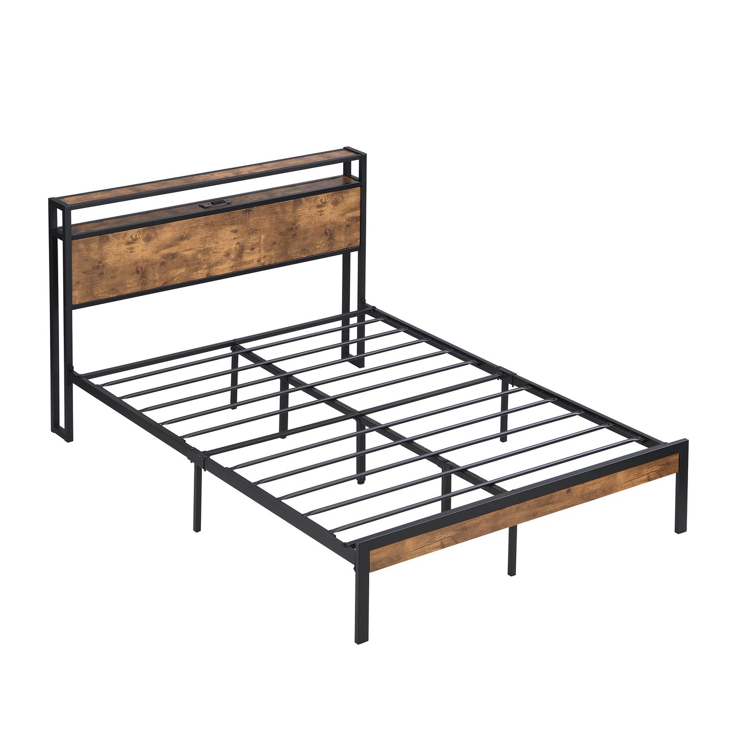 Full Size Metal Platform Bed Frame With Wooden Headboard And Footboard With USB Liner, No Box Spring Needed, Large Under Bed Storage - Brown