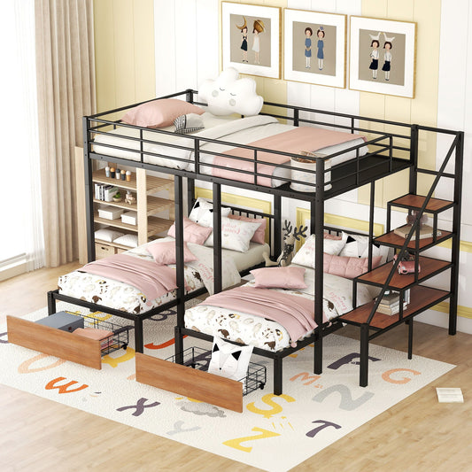 Full Over Twin-Twin Triple Bunk Bed With Drawers And Staircase - Black