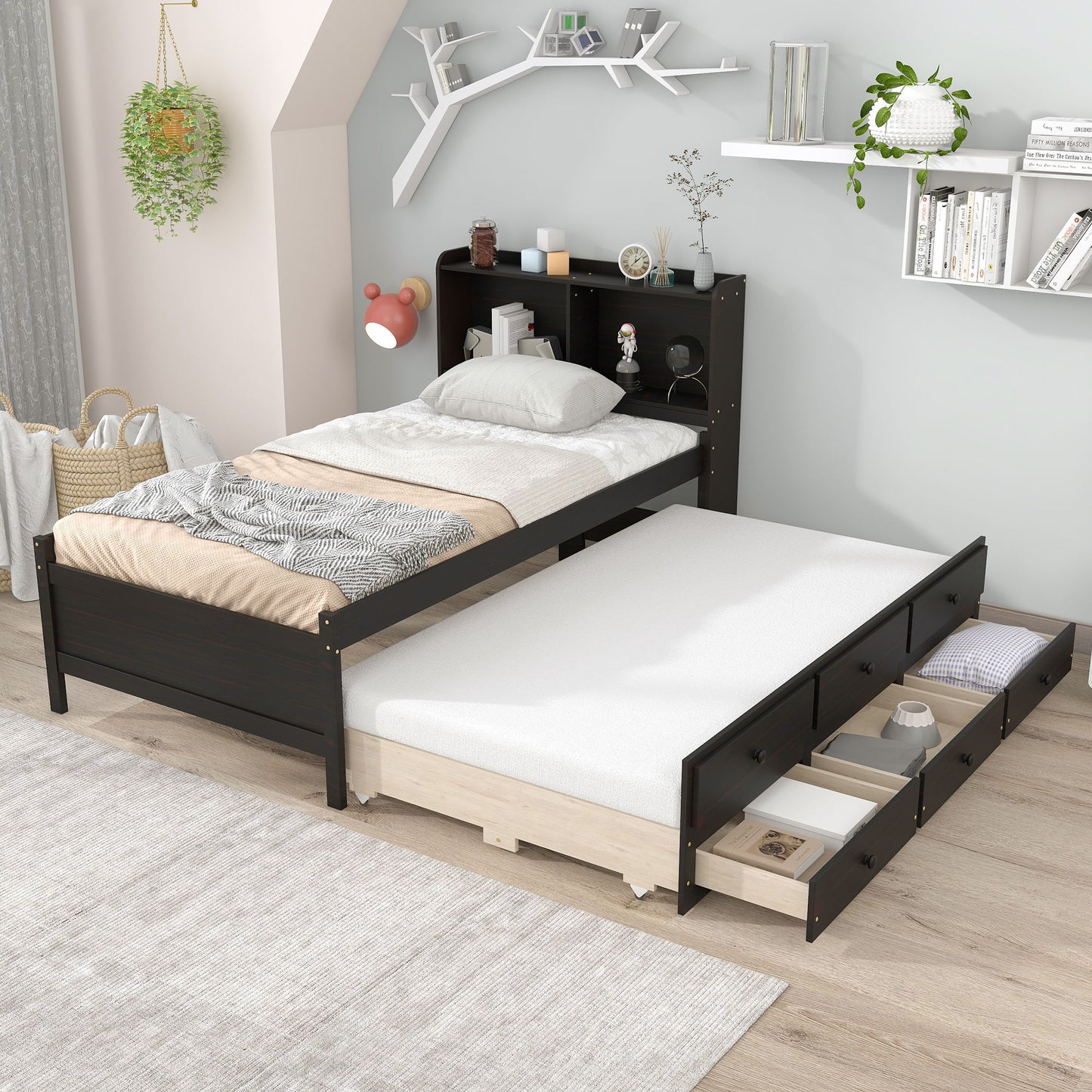 Twin Bed With Bookcase, Twin Trundle, Drawers - Espresso