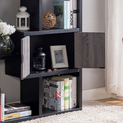 Two Toned Display Cabinet, Two Door Bookcase Six Shelves - Black / Distressed Gray