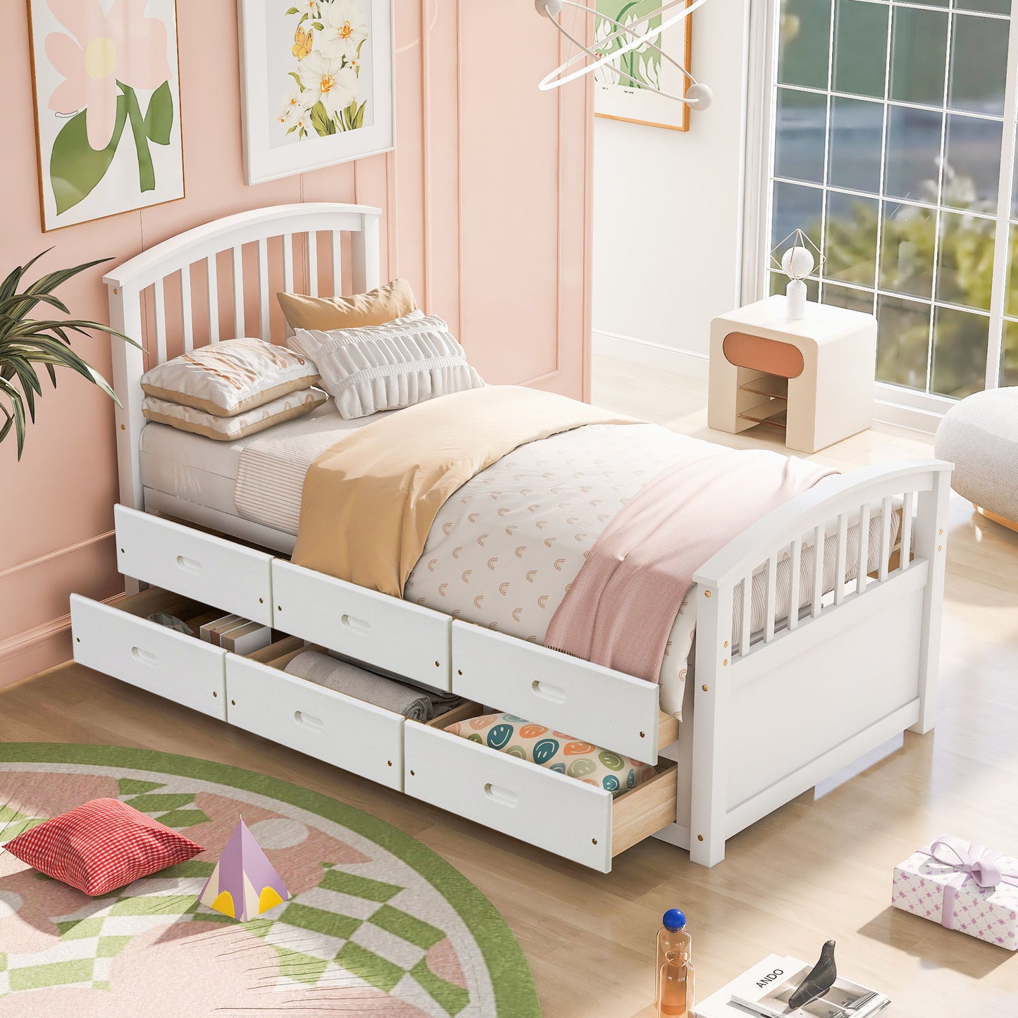 Platform Storage Bed Solid Wood Bed With 6 Drawers