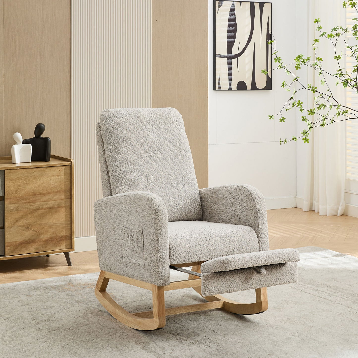 Rocking Chair For Nursery, High Back Glider Chair With Retractable Footrest, Side Pocket, Rocking Accent Armchair With Rubber Wood Legs For Living Room / Bedroom