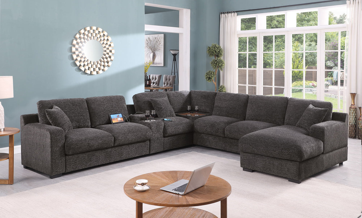 Celine - Chenille Fabric Corner Sectional Sofa With Right-Facing Chaise, Cupholders, And Charging Ports - Gray