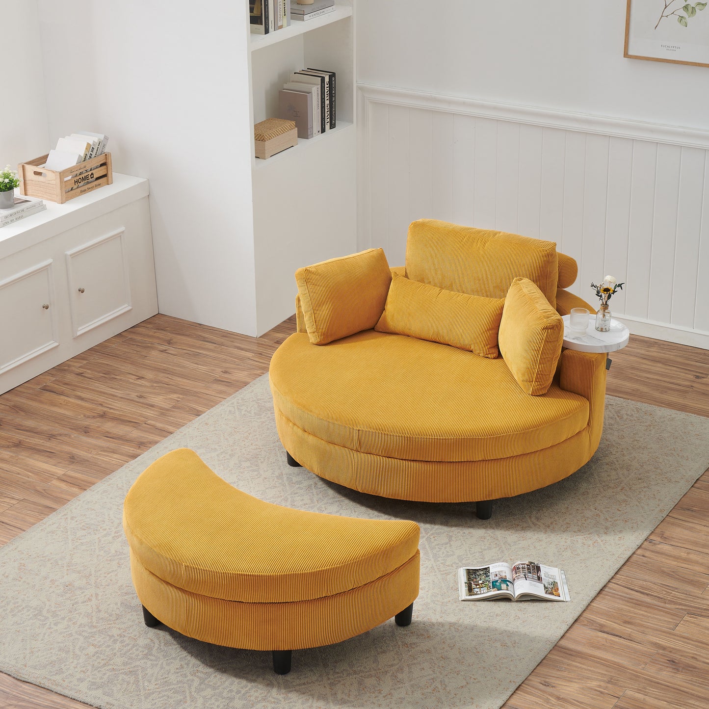 Corduroy Sofa With Two Throw Pillows And A Waist Pillow With An Extra Tray For Comfortable Seating In Small Apartment Bedrooms