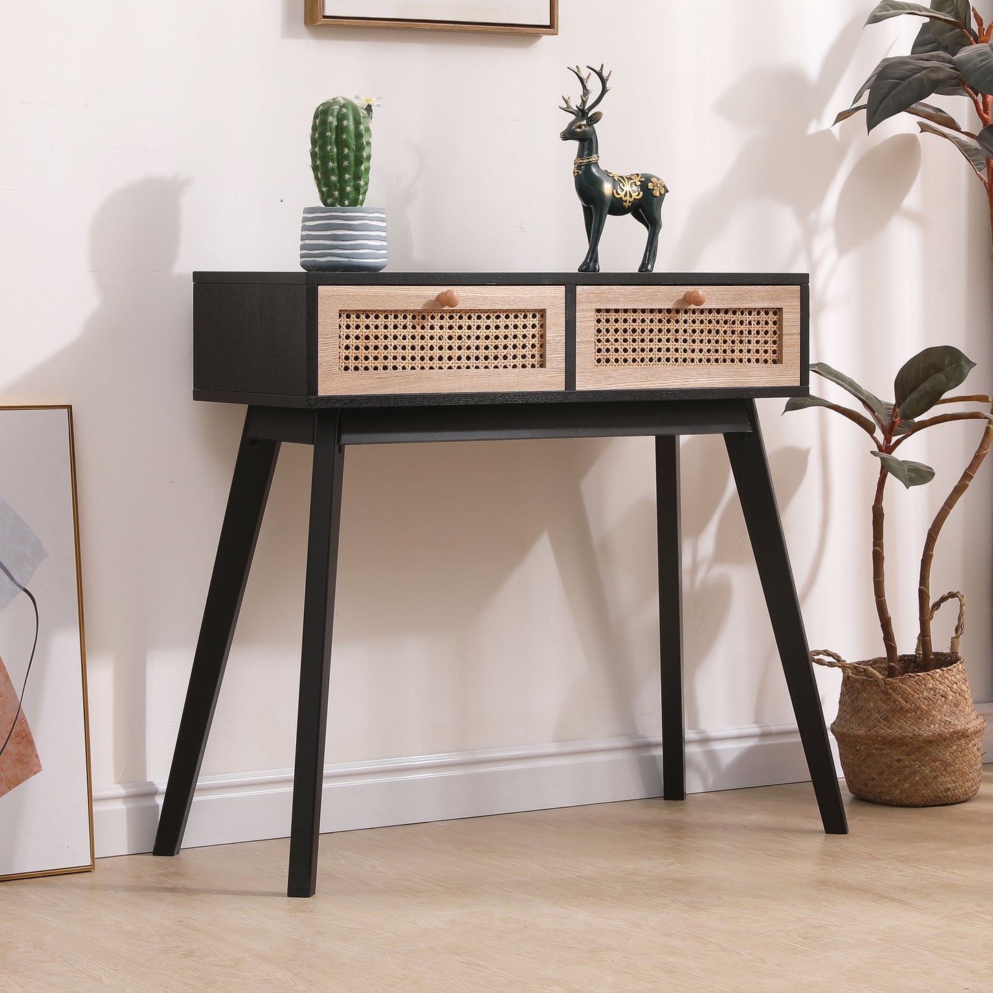 Side Table With Two Real Rattan Drawers, Solid Wood Table Legs, Can Be Used In The Dining Room, Living Room, Bedroom, Entrance