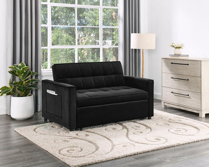 Maeve - 53.5"W Black Velvet Convertible Sleeper Loveseat With Tufting and Side Pocket