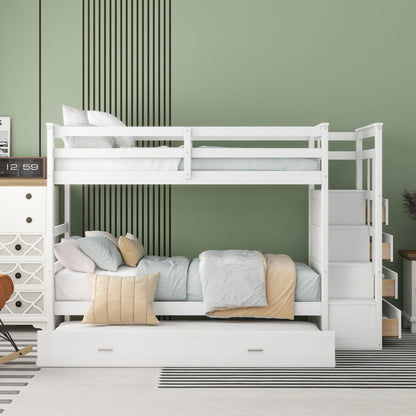 Twin Over Twin Bunk Bed With Trundle And Staircase - White