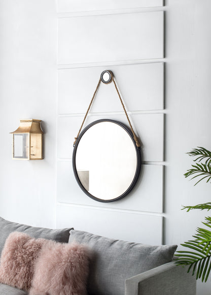 On-Trend Hanging Round Mirror With Framed And With Rope Strap Contemporary Industrial Decor For Bathroom, Bedroom, Or Living Space - Black