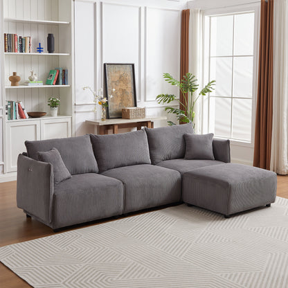 Multi-Module Combination Style Sofa For Living Room, Bedroom And Other Lounge Spaces, Modern Minimalist Corduroy Combination Sofa With 2 Comfort Cushions With USB & C Charging Ports - Gray