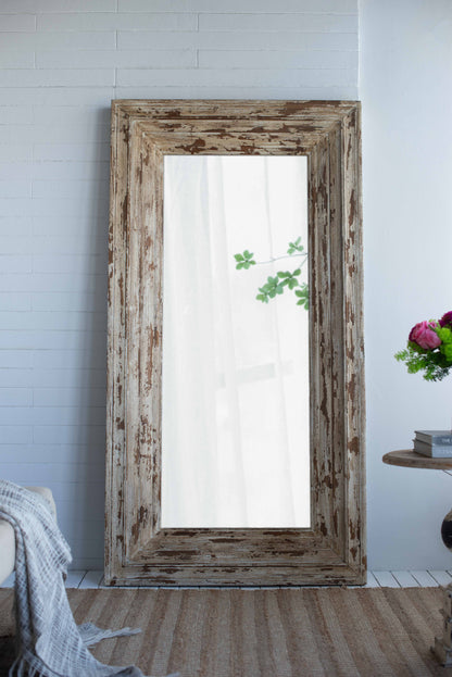 Full Length Rectangle Floor Mirror With Distressed Wood Frame - Brown