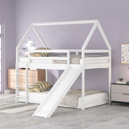 Twin Size Bunk House Bed With Slide And Ladder - White