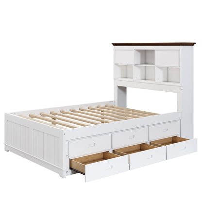 Full Solid Pine Captain Bookcase Bed With Trundle Bed And 3 Spacious Under Bed Drawers In Casual - White / Walnut