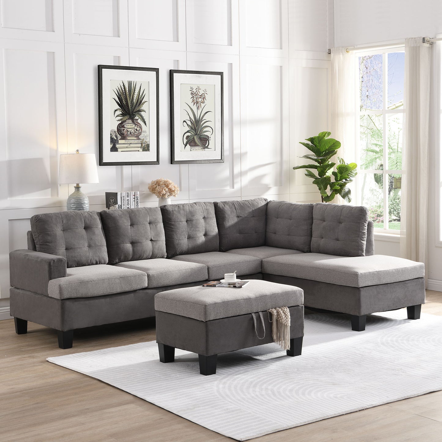 Sofa Set For Living Room With Chaise Lounge And Storage Ottoman, Living Room Furniture - Gray