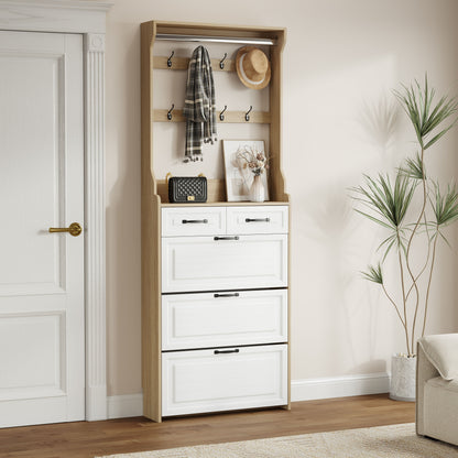 Shoe Cabinet With 3 Doors 2 Drawers With Hanger, Door With Shape, Large Space For Storage