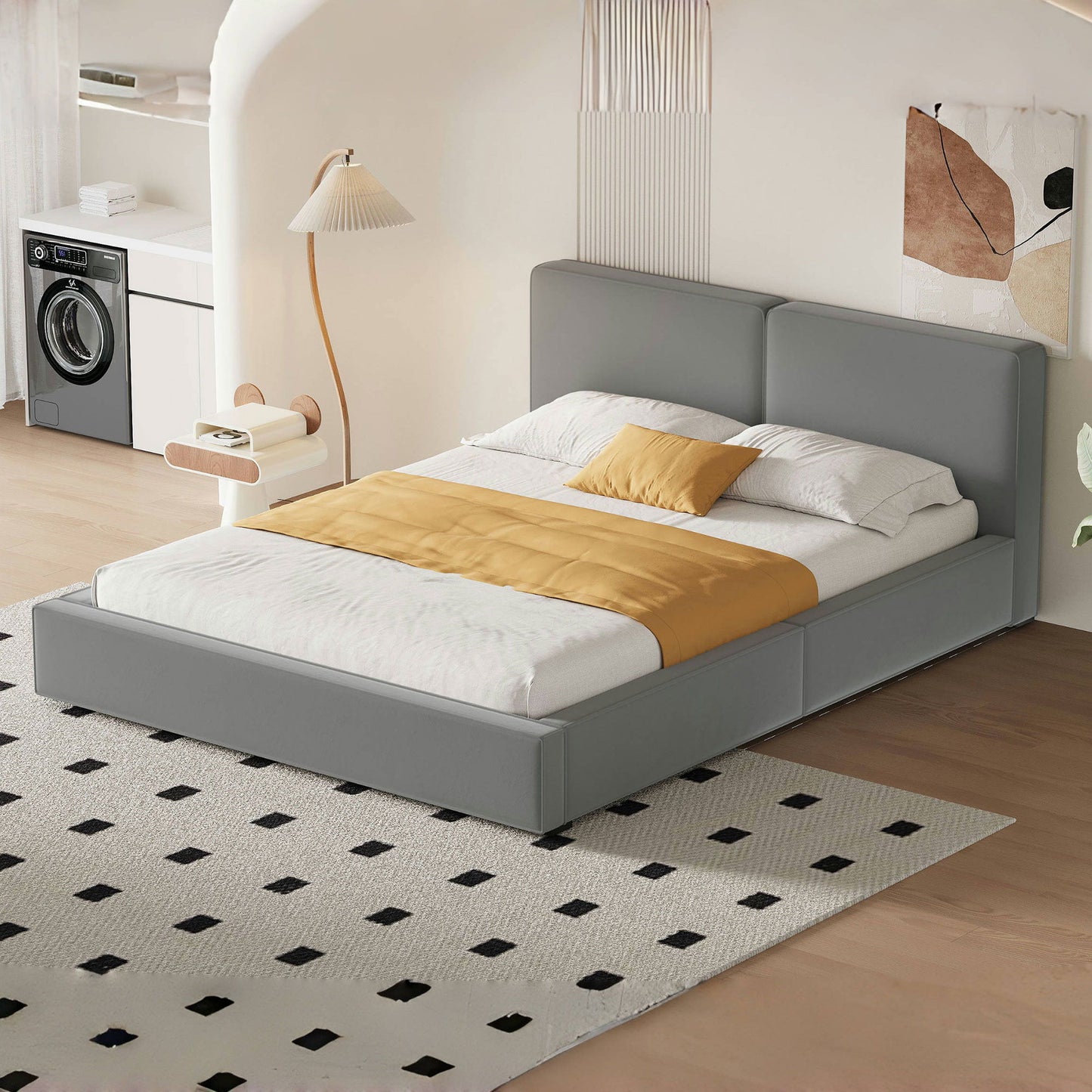 Queen Size Upholstered Platform Bed With , Grounded Bed With Solid Frame