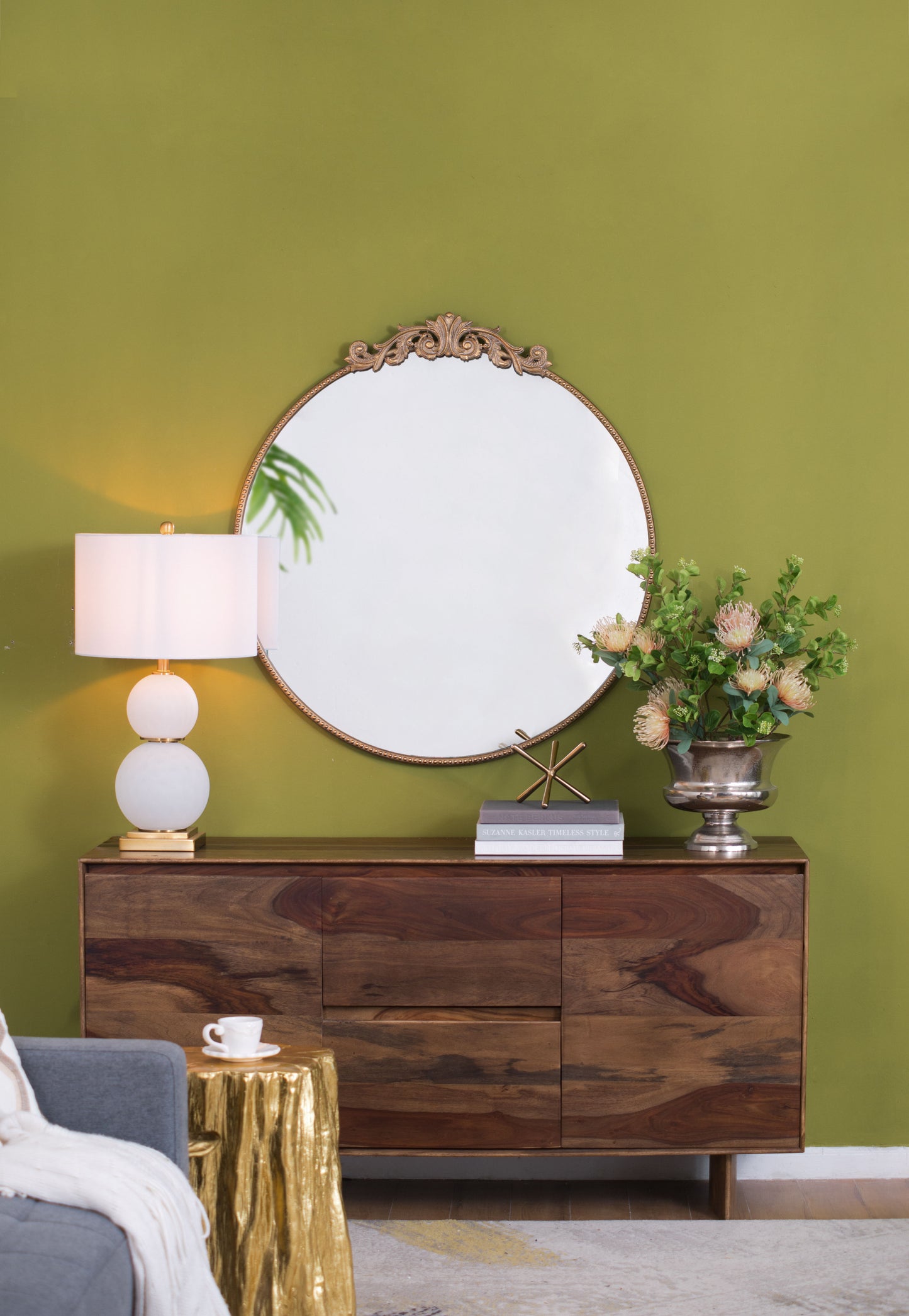 Classic Design Mirror With Round Shape And Baroque Inspired Frame For Bathroom, Entryway Console Lean Against Wall