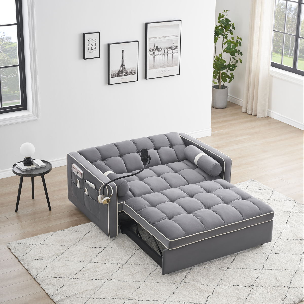 Modern Convertible Sleeper Sofa Couch With Pull Out Bed With Pillows & Side Pockets For Small Space, Living Room