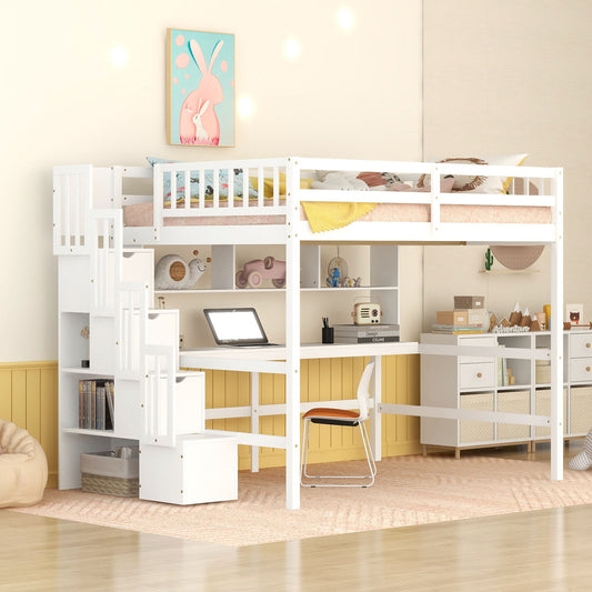 Full Size Loft Bed With Built-In Desk, Bookshelves And Storage Staircase - White