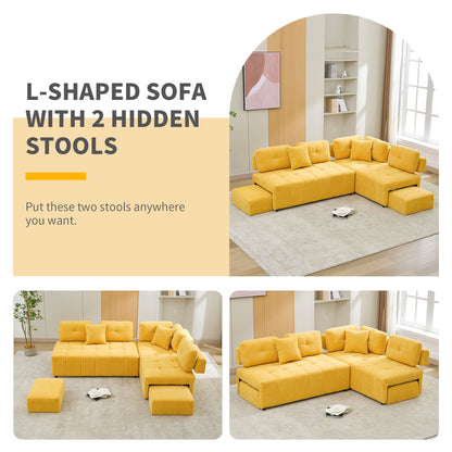 L-Shaped Sofa Sectional Sofa Couch With 2 Stools And 2 Lumbar Pillows For Living Room