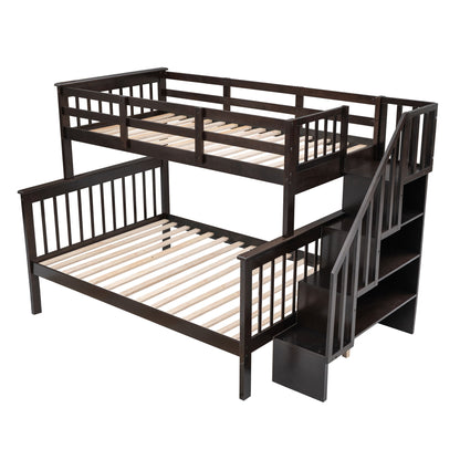 Stairway Twin Over Full Bunk Bed With Storage And Guard Rail For Bedroom - Espresso