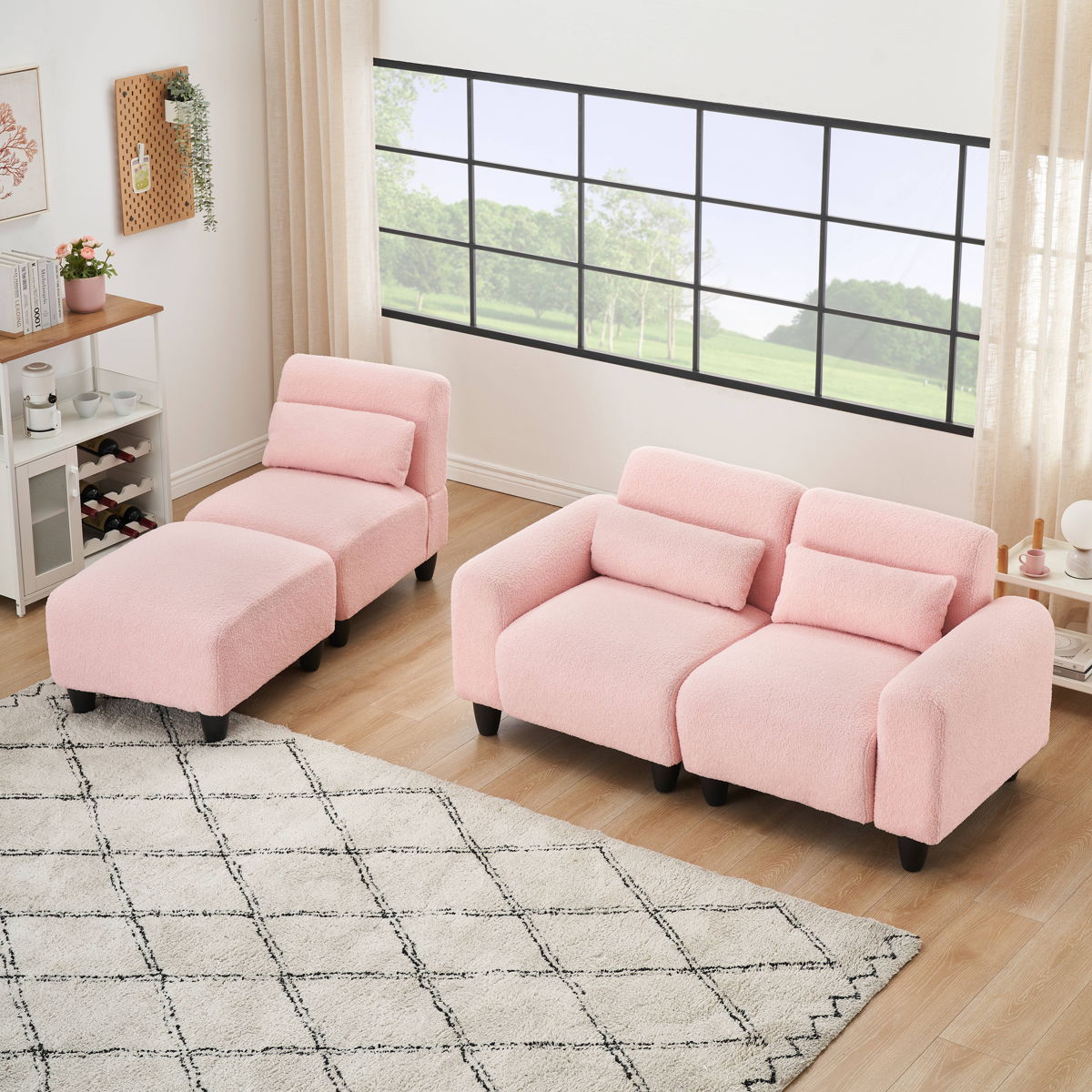 Teddy Fleece Creative Sofa Can Be Assembled Into A Two-Seater Sofa Plus A Single Couch With Three Waist Pillows To Perfectly Stretch Your Waist For Small Apartment Bedroom Spaces