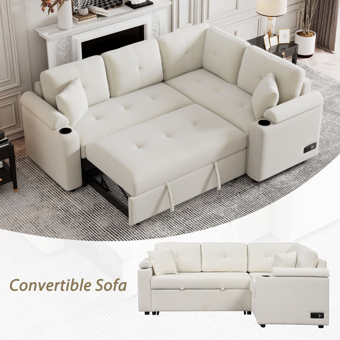 L-Shape Sofa Bed Pull-Out Sleeper Sofa With Wheels, USB Ports, Power Sockets For Living Room