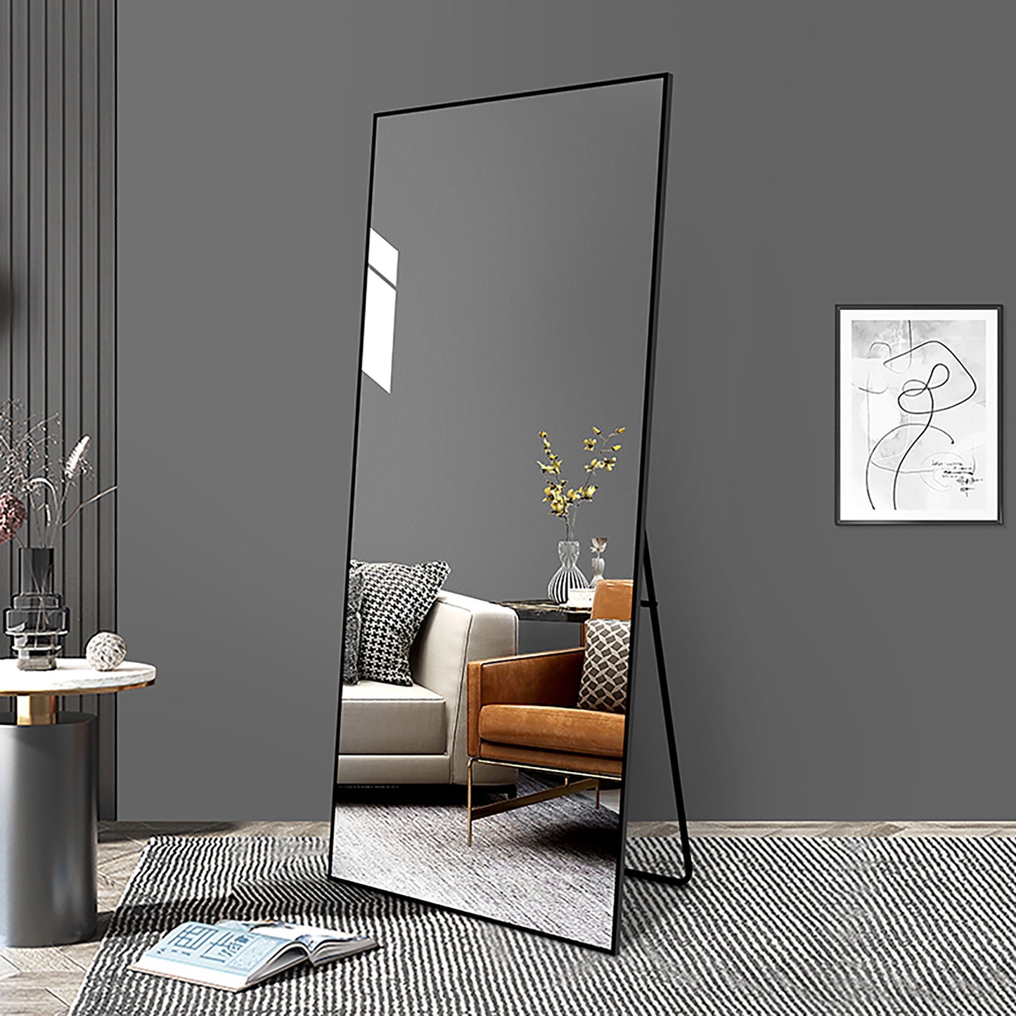 Floor Mirror Full Length Mirror Ultra Thin Aluminum Alloy Frame Modern Style Standing / Hanging Mirror Wall Mounted Mirror - Black