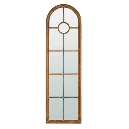 Half Round Elongated Mirror With Decorative Window Look Classic Architecture Style Solid Fir Wood Interior Decor - Brown