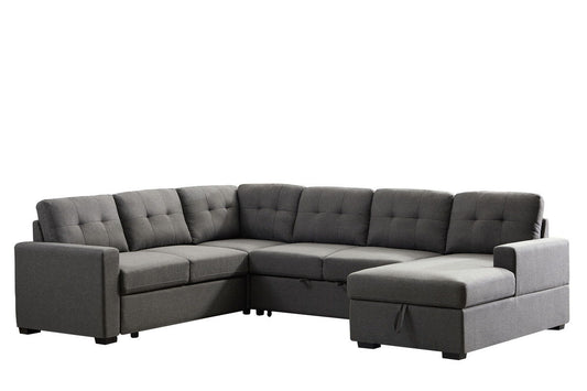 Selene - Linen Fabric Sleeper Sectional Sofa With Storage Chaise