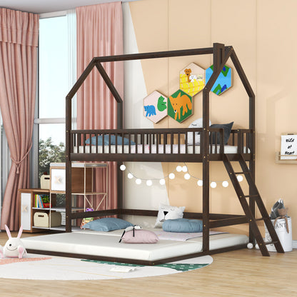 Twin Over Twin-Twin House Bunk Bed With Extending Trundle And Ladder - Espresso