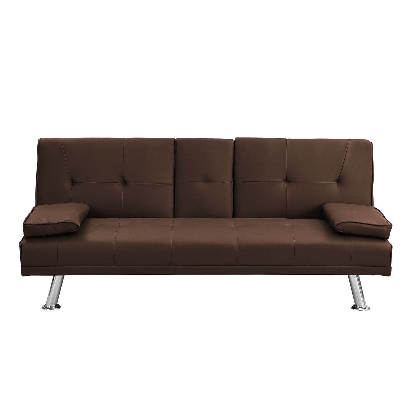 Futon Sofa Bed With Armrest Two Holders Wood Frame, Stainless Leg - Brown