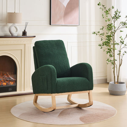 Rocking Chair For Nursery, Sherpa Glider Chair With High Back And Side Pocket, Rocking Accent Armchair With Rubber Wood Legs For Living Room / Bedroom