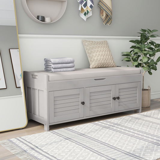 Storage Bench With 3 Shutter-Shaped Doors, Shoe Bench With Removable Cushion And Hidden Storage Space