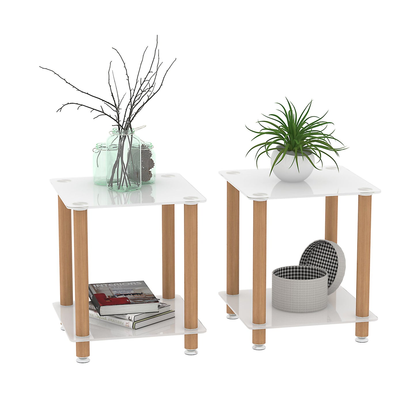 2 Piece Side Table, 2 Tier Space End Table, Modern Night Stand, Sofa Table, Side Table With Storage Shelve - White / Oak