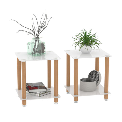 2 Piece Side Table, 2 Tier Space End Table, Modern Night Stand, Sofa Table, Side Table With Storage Shelve - White / Oak