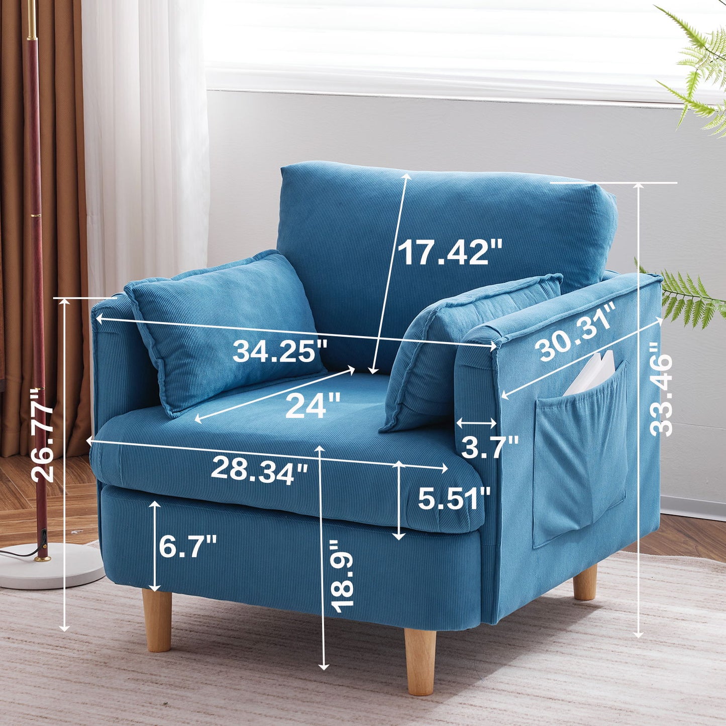 29.5" W Modern Fabric Decorative Chair Armchair Upholstered Reading Chair Single Sofa Casual Club Chair With Solid Wooden Feet And 2 Pillow, For Living Room, Bedroom, Bed Room, Office, Corduroy Fabric - Blue